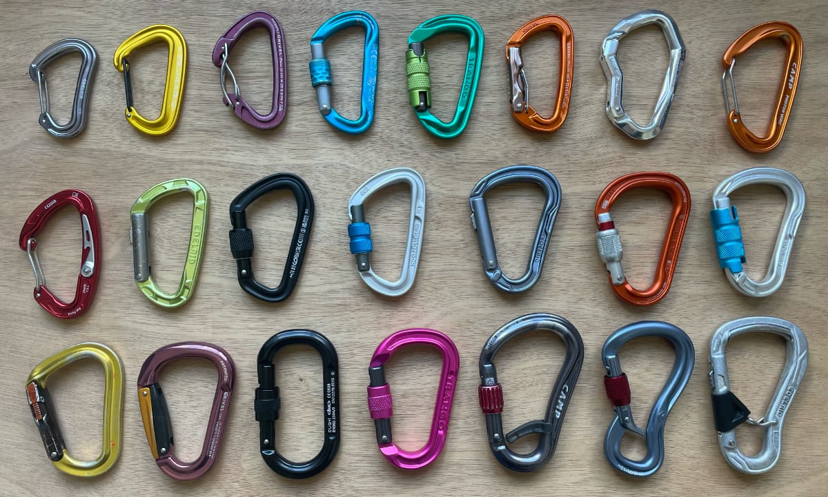A variety of carabiners on display