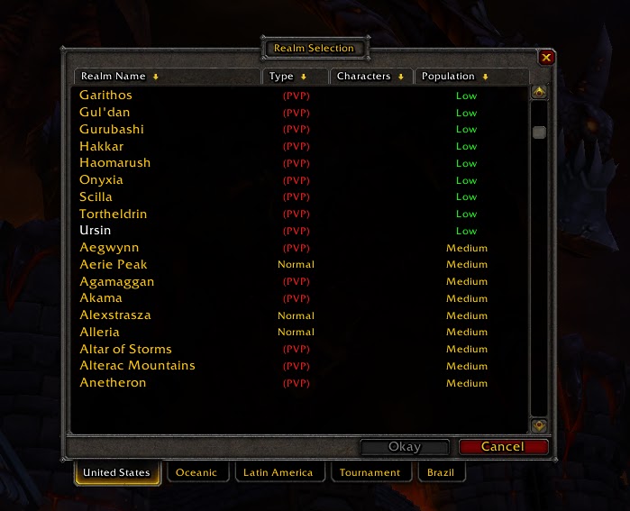 The realm selection screen from World of Warcraft