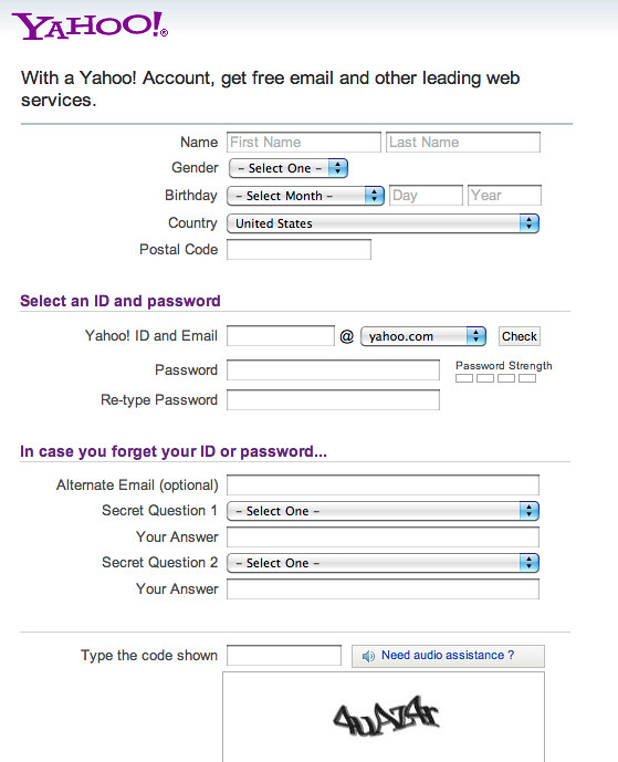 a ridiculous onboarding form from Yahoo