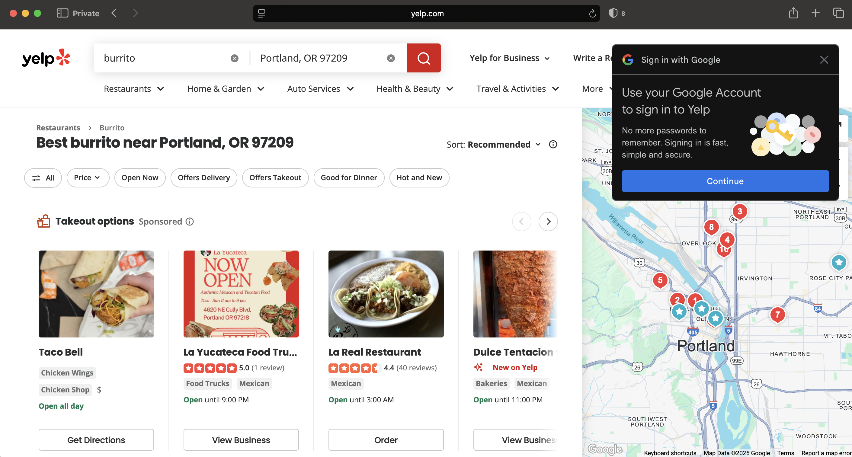 Yelp's front page for searching burrito