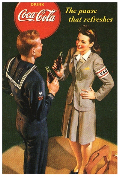 A war advertising council coca-cola ad of a sailor and a woman sharing a coke